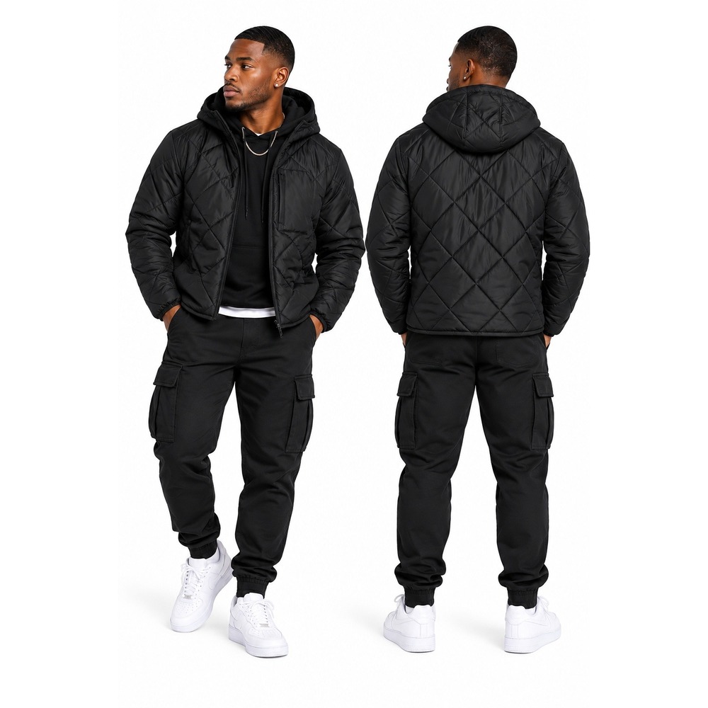 All In Motion Mens Lightweight Quilted Jacket Black Hooded Full Zip Small NWT